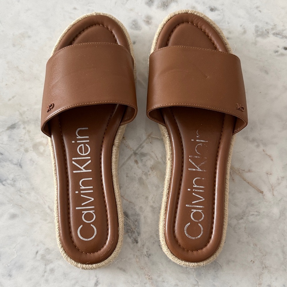 Calvin Klein Tan Leather Slide Sandals